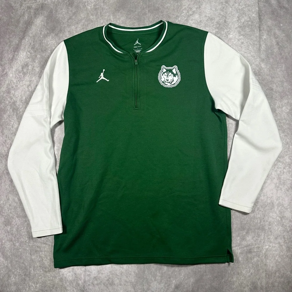 Jordan Mens L Green White Husky Logo Dri-FIT 1/4 Zip Pullover Jacket Shirt Large